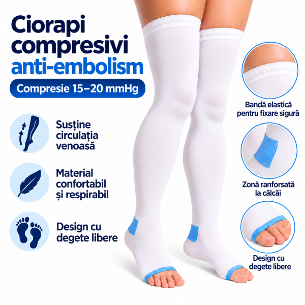 Ciorapi compresivi anti-embolism 15–20 mmHg, bandă elastică, călcâi ranforsat și degete libere